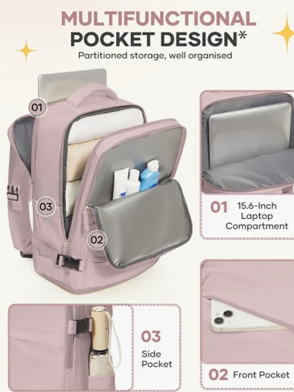 Women's Travel Backpack - Dusty Pink - Picture 4 of 7
